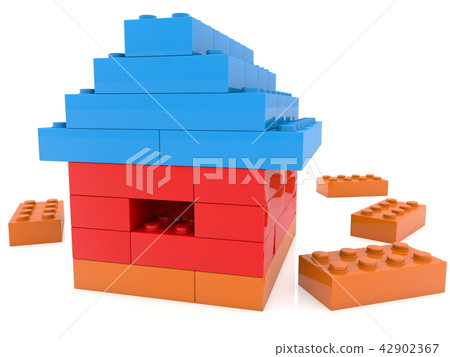Toy bricks house in red,blue and brown colors 42902367