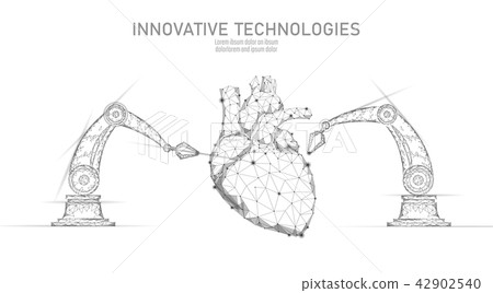 Robotic heart surgery low poly. Polygonal cardiology surgery procedure. Robot arm manipulator Robotic heart surgery low poly. Polygonal cardiology surgery procedure. Robot arm manipulator 42902540