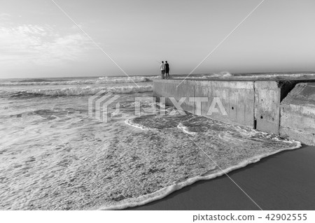 Father Son Fishing Pier Beach Ocean Father Son Fishing Pier Beach Ocean 42902555