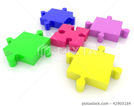 Five puzzle pieces in various colors on white Five puzzle pieces in various colors on white 42903184