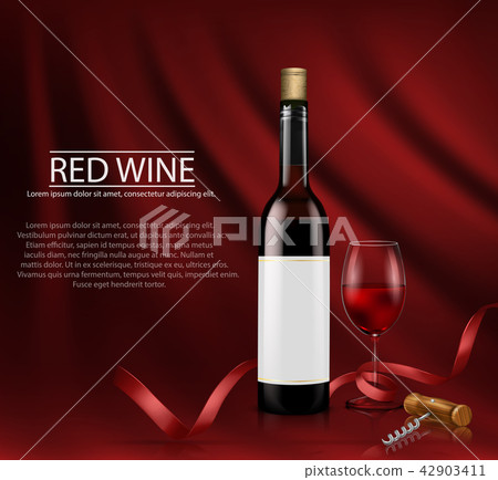 Realistic illustration. poster with glass wine bottl and glass with red wine 42903411