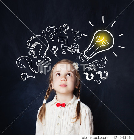 Little girl with lightbulb portrait. Ideas, doubt 42904306