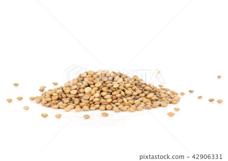 Raw green lentil seeds isolated on white Raw green lentil seeds isolated on white 42906331