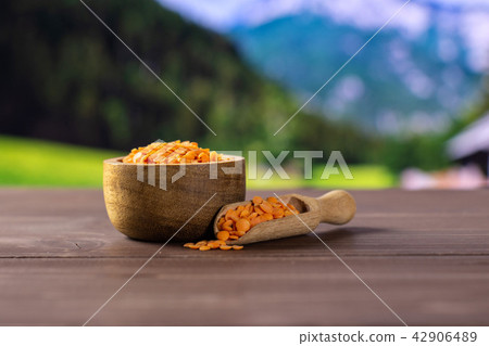 Raw red lentils with country nature 42906489