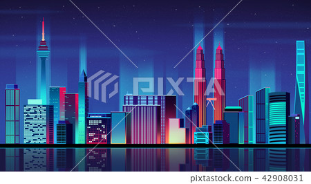 Vector - Urban City Nightscape. illustration with neon glow and vivid colors. 012 42908031
