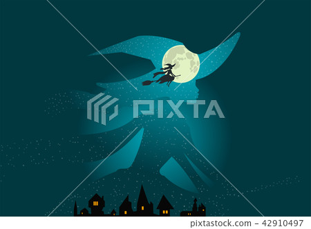 Halloween: witch flies on broomstick, full moon 42910497