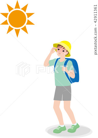 Elementary school student going to school under hot weather, risk of heat stroke. 42911361