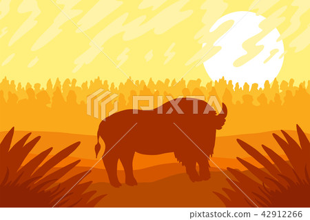 Landscape with wild bizon on field Landscape with wild bizon on field 42912266