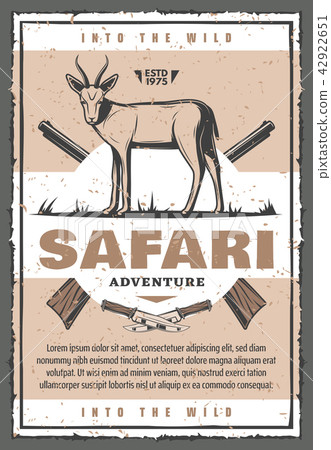African safari animal with hunter rifle retro card African safari animal with hunter rifle retro card 42922651