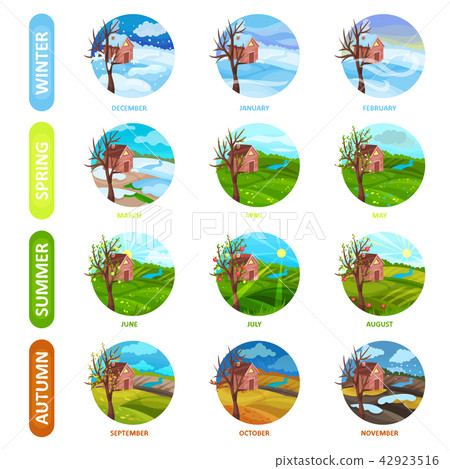 Flat vector set of 12 months of the year. Winter, spring, summer and autumn season. Nature landscape Flat vector set of 12 months of the year. Winter, spring, summer and autumn season. Nature landscape 42923516