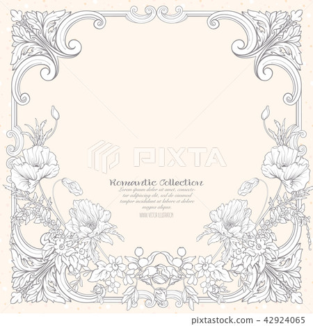 Summer flowers: poppy, daffodil, anemone, violet with vintage rococo frame for text. 42924065