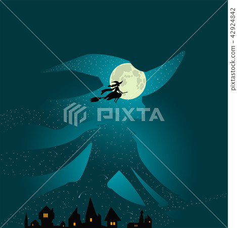 Halloween: witch flies on broomstick, full moon Halloween: witch flies on broomstick, full moon 42924842