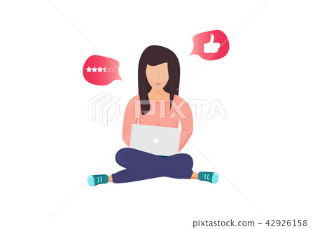 Online networking vector illustration: a young girl sitting with a laptop surfing internet, Online networking vector illustration: a young girl sitting with a laptop surfing internet, 42926158