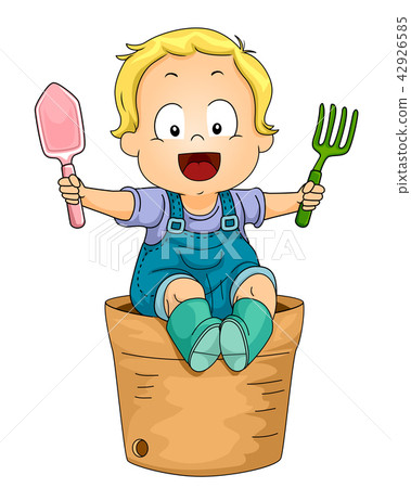 插圖素材: kid boy gardener sit pot illustration