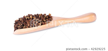 Dry Zanthozylum limonella Alston in wooden spoon 42929225