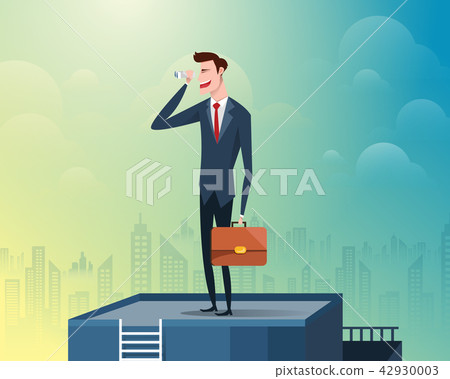 Businessman standing at the top of the building holding binoculars, background is a large city 42930003