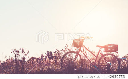 beautiful landscape image with Bicycle at sunset  42930753