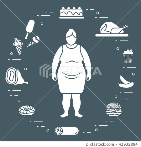 Fat woman with unhealthy lifestyle symbols around Fat woman with unhealthy lifestyle symbols around 42932884