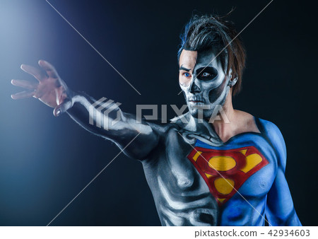 Make-ua of steel positive hero with blue and white lenses and a half part like a robot 42934603