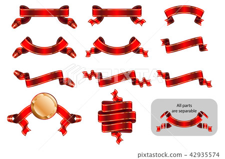Ribbons and banners set with copy space in shape bending, wave, arc, rise. Solemn heraldic tapes with golden lines. Richly greeting design. Vector isolated realistic illustrations. Version Red B 42935574
