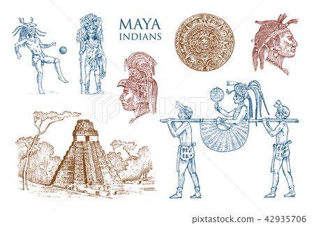 Maya Vintage pyramid, portrait of a man, traditional costume, calendar and decoration on the head 42935706