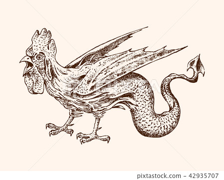 Mythical Basilisk. Ancient Mythology. Bird and animal, creature cock in the old vintage style 42935707
