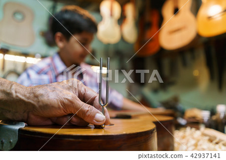 Lute Maker Grandpa With Diapason Tuning Guitar Boy Grandson Lute Maker Grandpa With Diapason Tuning Guitar Boy Grandson 42937141