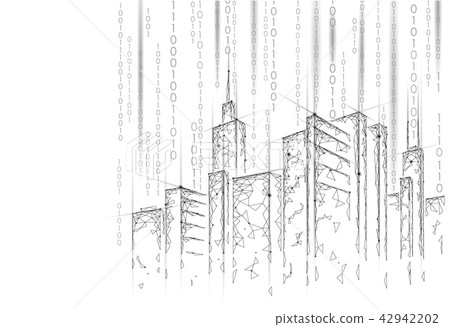 Low poly smart city 3D wire mesh. Intelligent building automation system business concept. Binary 42942202