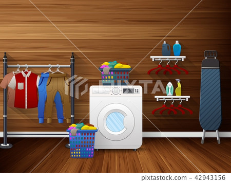 Laundry room interior with washing machine, ironin Laundry room interior with washing machine, ironin 42943156