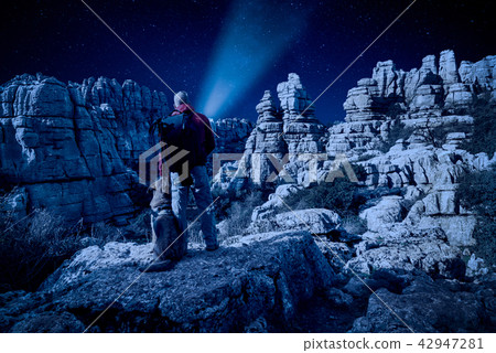 Man with dog looking at Milky Way outdoor,  42947281