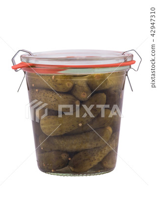 Jar with preserved food  cucumber,, isolated  42947310