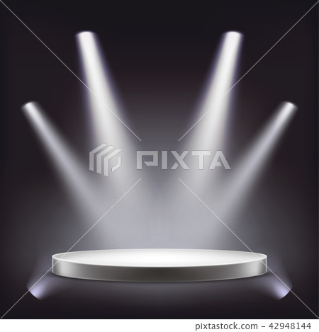 Stage, empty round podium illuminated by spotlights Stage, empty round podium illuminated by spotlights 42948144