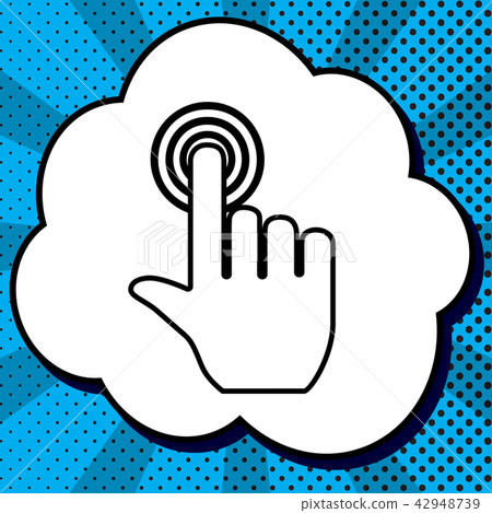 Hand click on button. Vector. Black icon in bubble on blue pop-a Hand click on button. Vector. Black icon in bubble on blue pop-a 42948739