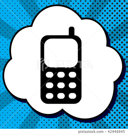 Cell Phone sign. Vector. Black icon in bubble on blue pop-art ba Cell Phone sign. Vector. Black icon in bubble on blue pop-art ba 42948845