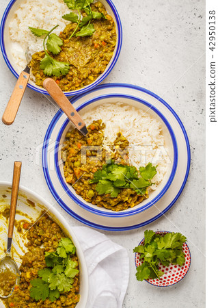 Lentil curry with rice, Indian cuisine, tarka dal Lentil curry with rice, Indian cuisine, tarka dal 42950138