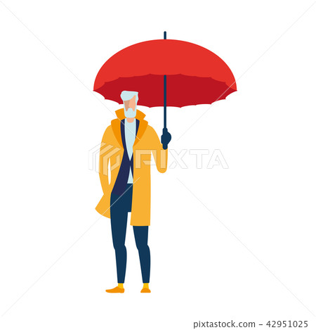 An elderly man in a yellow cloak with an umbrella. An elderly man in a yellow cloak with an umbrella. 42951025