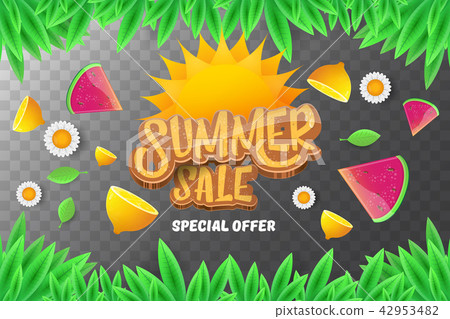 vector sammer sale horizontal banner with text, summer green grass, flying fresh lemons, flowers and 42953482