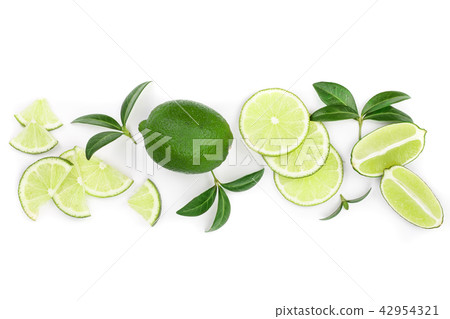 sliced lime vith leaves isolated on white background with copy space for your text. Top view. Flat 42954321