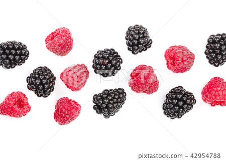 blackberry and raspberry isolated on white background. Top view with copy space for your text. Flat 42954788