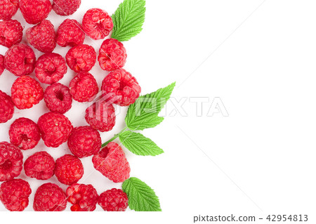 raspberries with leaves isolated on white background with copy space for your text. Top view. Flat 42954813