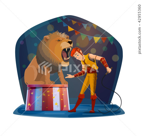Lion with open mouth and handler on circus stage 42955360