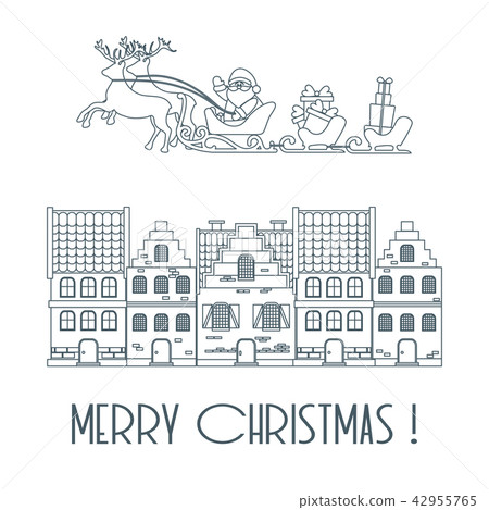 Christmas 2019 card Santa, gifts, houses. Christmas 2019 card Santa, gifts, houses. 42955765