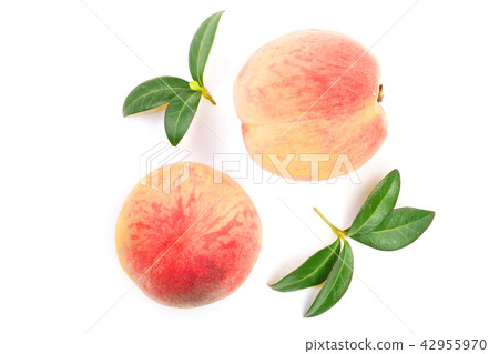 ripe peaches with leaves isolated on white background. Top view. Flat lay pattern 42955970