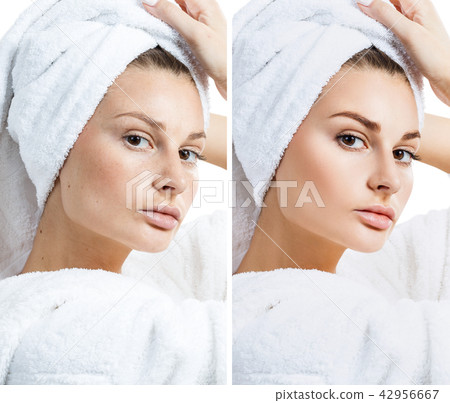 Young woman in white bathrobe before and after make-up. Young woman in white bathrobe before and after make-up. 42956667
