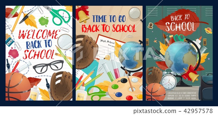 Time to school posters with supplies for education 42957578