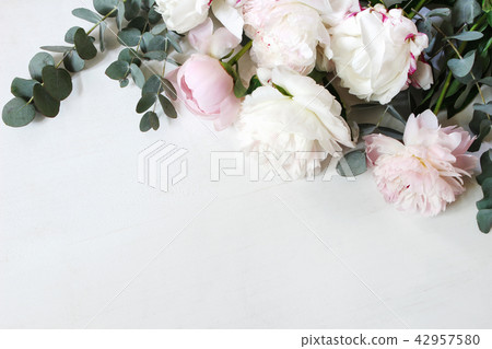Styled stock photo. Decorative still life floral composition. Wedding or birthday bouquet of pink 42957580