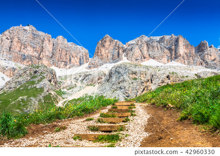 Panorama of Sella mountain range from Sella pass 42960330