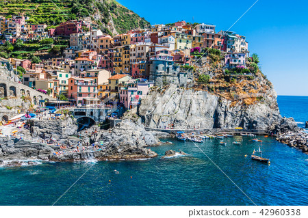 Village of Manarola with ferry, Cinque Terre,  42960338