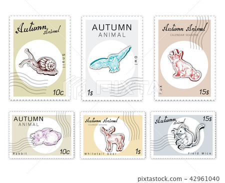 Post Stamps Set Autumn Animals with Paper Cut Art 42961040