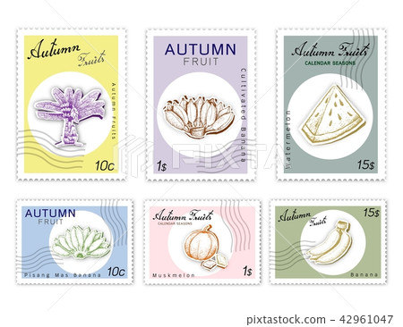 Post Stamps Set Autumn Fruits with Paper Cut Art 42961047